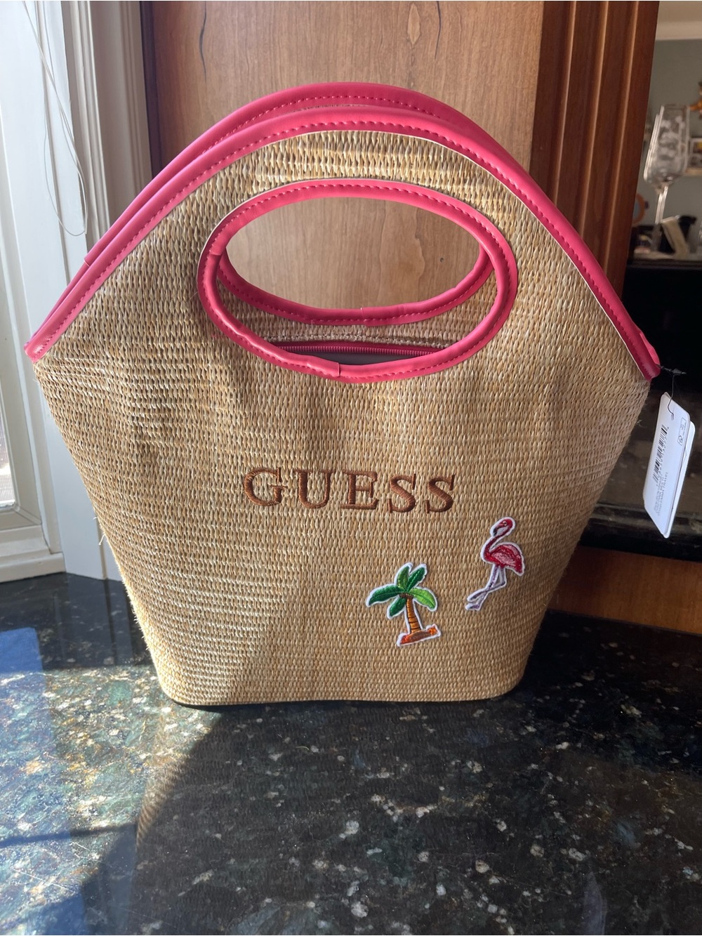 GUESS Straw Tote with Pink Trim and Tropical Patches